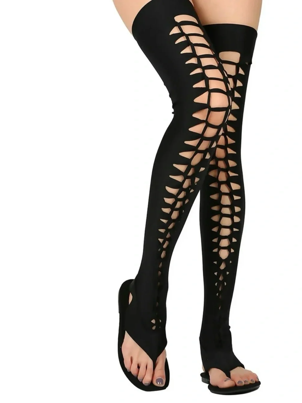 Women Thigh High Thong Sandal - Lace Up Flat Sandal - Stretchy Gladiator Sandal